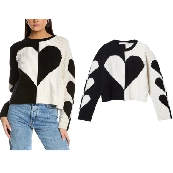 Carolina Herrera | NWT Black and White Heart Intarsia Cashmere Sweater - Medium - Picture 1 of 11